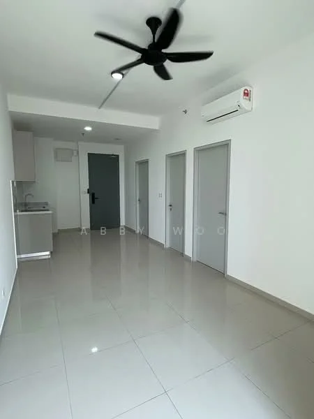 Room features: white painted walls, glossy ceramic tile flooring, 5-blade ceiling fan, 1 wall-mounted split AC, kitchenette with sink, grey cabinet, 3 doors leading to unknown rooms, recessed lighting, neutral color scheme; style: modern.