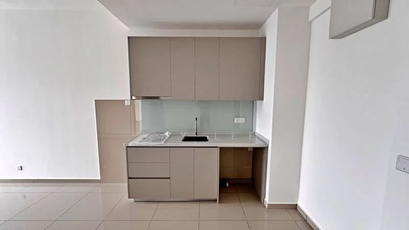 Kitchen features: light grey cabinetry, white countertop, single-bowl stainless-steel sink, chrome pull-down faucet, glass backsplash, built-in oven, ceramic tile flooring, recessed downlights; style: modern.