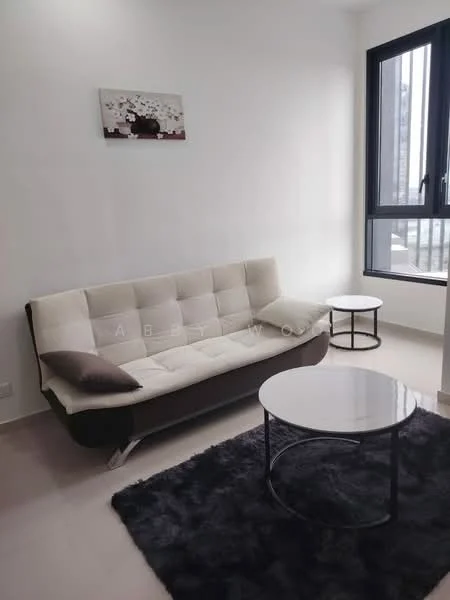 Living features: fabric sofa in beige and brown, round coffee table with white top and black legs, black area rug, floor-to-ceiling windows, white painted walls, neutral tile flooring, decorative wall art, natural light from windows; style: modern.