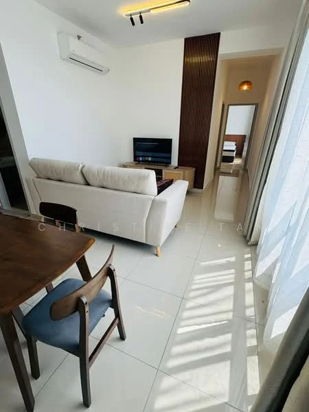 Living features: 3-seater fabric sofa in light beige, wooden coffee table, wall-mounted TV, white painted walls, tile flooring, recessed downlights, floor-to-ceiling windows with sheer curtains, air conditioning unit, decorative wall paneling, wooden dining table with 2 chairs; style: modern. Room features: white painted walls, tile flooring, doorway leading to another room.