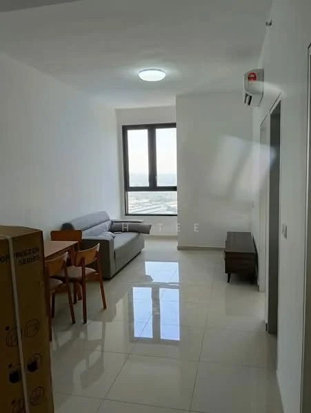 Living features: grey fabric sofa, wooden dining table, 4 wooden dining chairs, wall-mounted TV cabinet, air conditioning unit, large window with city view, white painted walls, glossy tile flooring, ceiling light fixture; style: modern; view: city.