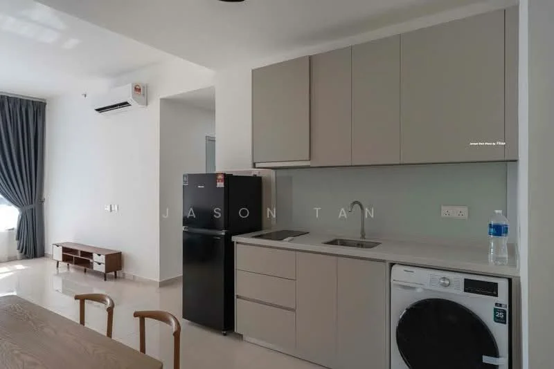 Kitchen features: light beige cabinetry, double-bowl stainless-steel sink, chrome pull-down faucet, black fridge, built-in oven, front-load washing machine, white countertop, ceramic tile flooring, 1 wall-mounted split AC, recessed downlights, grey curtains; style: modern.