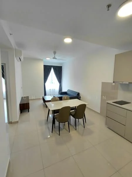 Dining features: white painted walls, tile flooring, 5-blade ceiling fan with light, floor-to-ceiling window, sheer curtains, dining table for 6, upholstered dining chairs, sofa in grey, kitchen cabinetry in light colour, kitchen countertop, built-in kitchen appliances; style: modern.