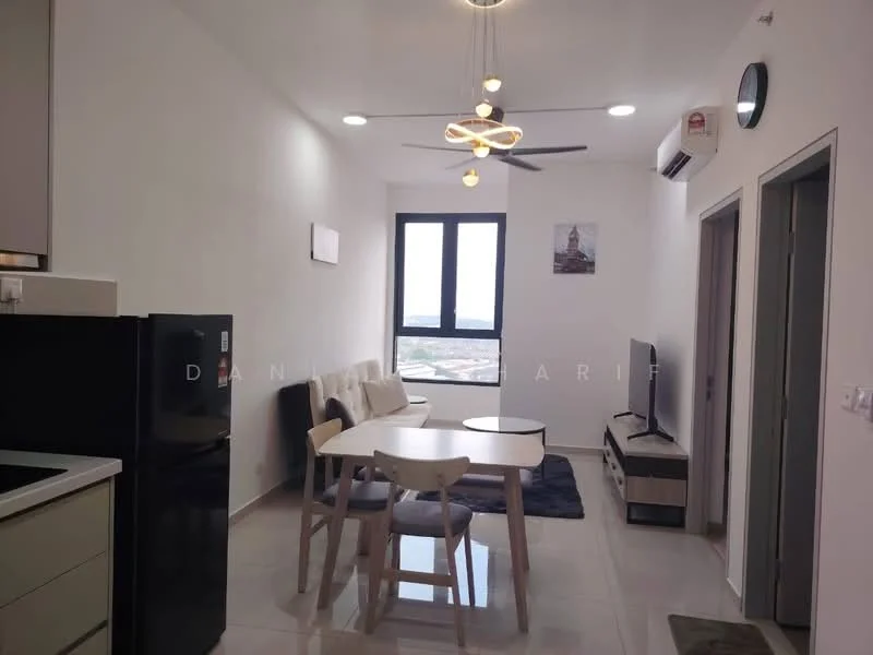 Living features: white painted walls, tile flooring, 5-blade ceiling fan with light, recessed LED downlights, wall-mounted TV, TV console, sofa, dining table with chairs, black refrigerator, window with city view, air conditioning unit; style: modern; view: city.