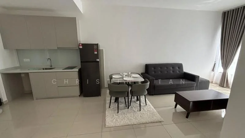 Living features: grey fabric sofa, coffee table, 6-seater dining table, 4 dining chairs, white area rug, white walls, tile flooring, floor-to-ceiling windows with sheer curtains, kitchenette with grey cabinetry, stainless-steel fridge, single-bowl stainless-steel sink, chrome pull-down faucet; style: modern.