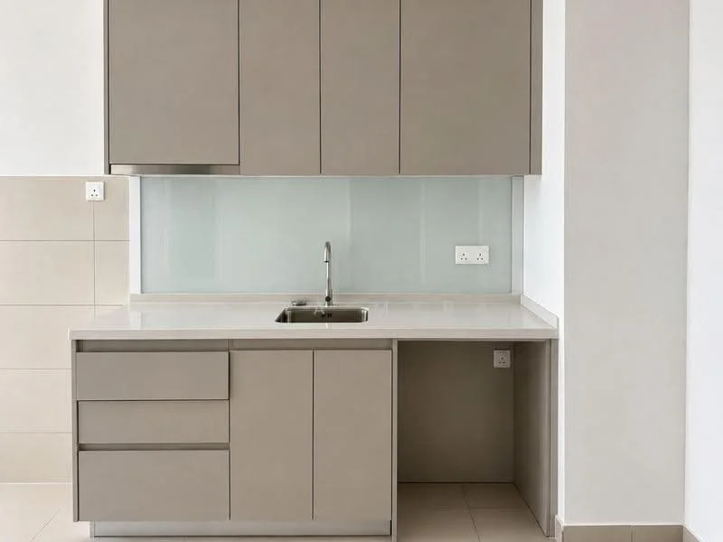 Kitchen features: single-bowl stainless-steel sink, chrome pull-down faucet, light grey cabinetry, flat-panel cabinet doors, white quartz countertop, glass backsplash, tile flooring, built-in electrical outlet; style: modern.