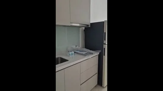 Kitchen features: light grey cabinetry, stainless-steel sink, chrome pull-down faucet, white quartz countertop, built-in refrigerator, glass backsplash, drawer storage, under-cabinet lighting; style: modern.