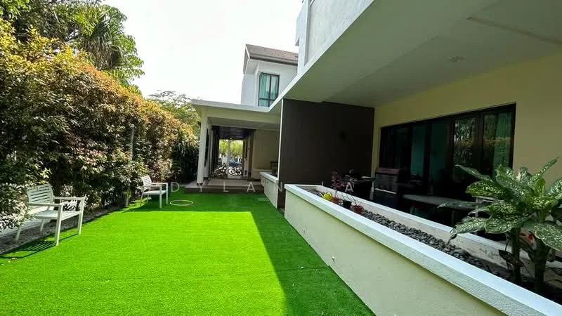 Exterior type: detached bungalow; features: manicured lawn, landscaped garden with shrubs, patio area with seating, white painted facade, sliding glass doors, stone feature wall, outdoor lighting, paved walkway; style: modern.