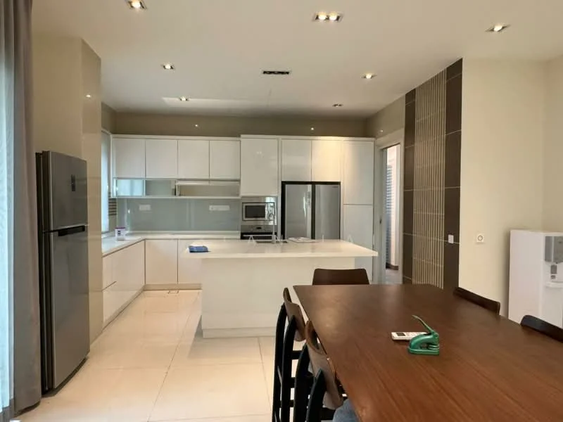 Kitchen features: white glossy cabinetry, island countertop with bar seating, stainless-steel fridge, built-in oven, stainless-steel range hood, 4-burner gas hob, white quartz countertop, ceramic tile flooring, recessed LED downlights, window with sheer curtains, dining table with wooden surface, black dining chairs; style: modern.