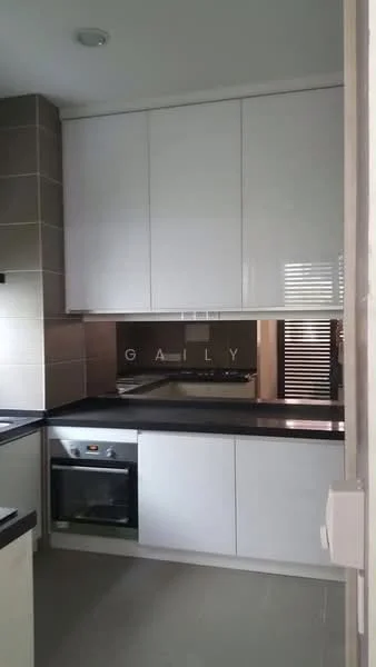 Kitchen features: white flat-panel cabinets, black countertop, built-in oven, stainless-steel range hood, ceramic tile backsplash, grey tiled walls, grey tile flooring, under-cabinet lighting; style: modern.