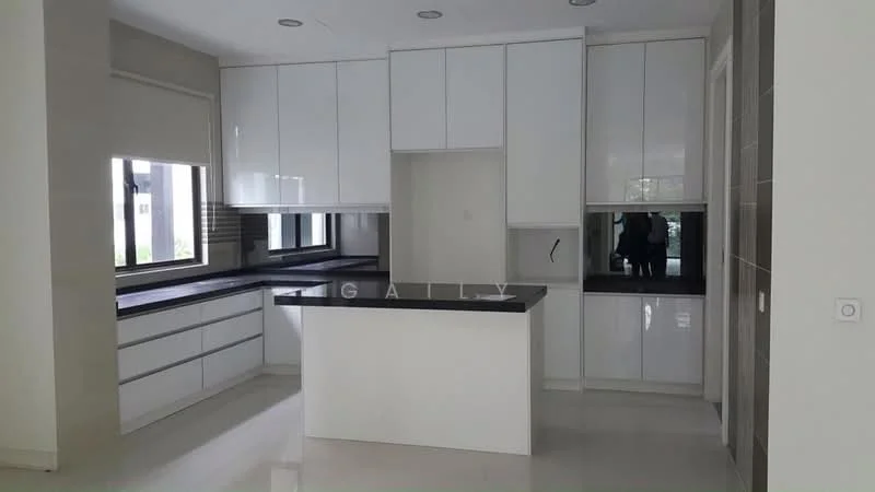 Kitchen features: white cabinetry, black countertop, built-in oven, stainless-steel sink, chrome pull-down faucet, island with seating, ceramic tile flooring, recessed downlights, large windows, open layout; style: modern.