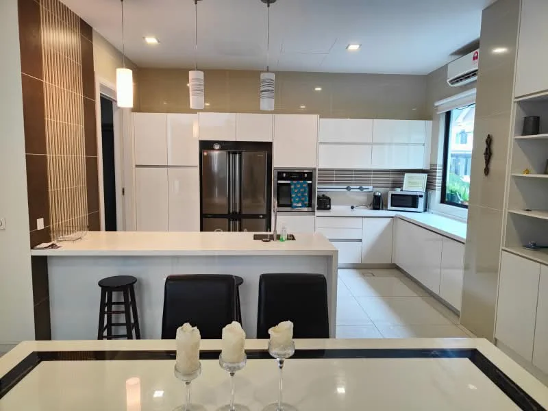 Kitchen features: white cabinetry with flat-panel doors, stainless-steel fridge, built-in microwave, white quartz countertop, kitchen island with seating, ceramic tile flooring, pendant lighting, recessed downlights, window with garden view, black bar stools, wall-mounted cabinets, tile backsplash, chrome faucet, double-bowl stainless-steel sink; style: modern; view: garden.