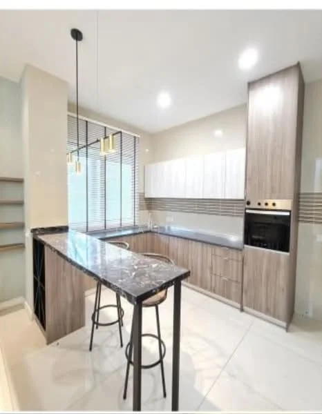 Kitchen features: marble countertop, wood cabinetry, stainless-steel built-in oven, grey backsplash, open shelving, pendant lighting, bar seating with stools, single-bowl stainless-steel sink, chrome pull-down faucet, ceramic tile flooring, recessed downlights, white upper cabinets, grey lower cabinets; style: modern.
