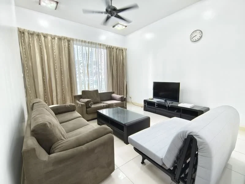Living features: 3-seater fabric sofa in beige, 2-seater fabric sofa in grey, coffee table with black glass top, wall-mounted TV, TV console, ceiling fan with light, floor-to-ceiling windows with sheer curtains, light-coloured tiled flooring, wall clock, decorative wall with no visible artwork; style: modern.