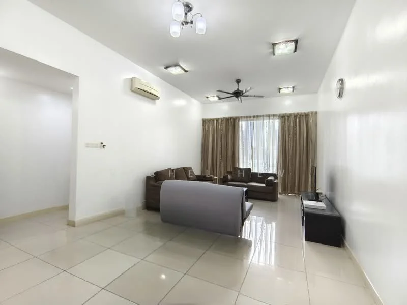 Living features: white painted walls, glossy tile flooring, recessed downlights, 5-blade ceiling fan, 2-seater fabric sofa in grey, 2 armchairs in brown, TV console, wall-mounted TV, curtains, large window with sheer curtains, clock on wall, air conditioning unit; style: modern.
