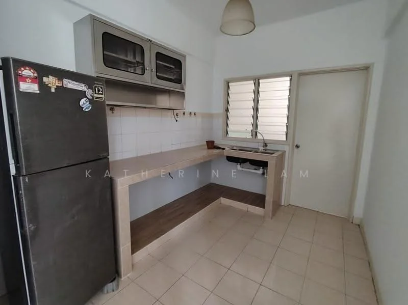 Kitchen features: single-bowl stainless-steel sink, chrome pull-down faucet, grey laminate countertop, white tiled backsplash, stainless-steel fridge, upper cabinets with glass doors, lower cabinets, tile flooring, window with horizontal slats, light fixture, open layout; style: modern.