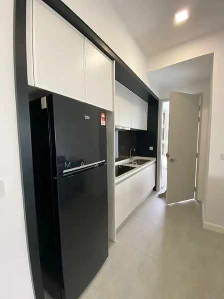 Kitchen features: black fridge, white upper cabinets, black lower cabinets, black countertop, single-bowl stainless-steel sink, chrome pull-down faucet, tile backsplash, grey tile flooring, recessed downlights, open doorway, natural light from window; style: modern.