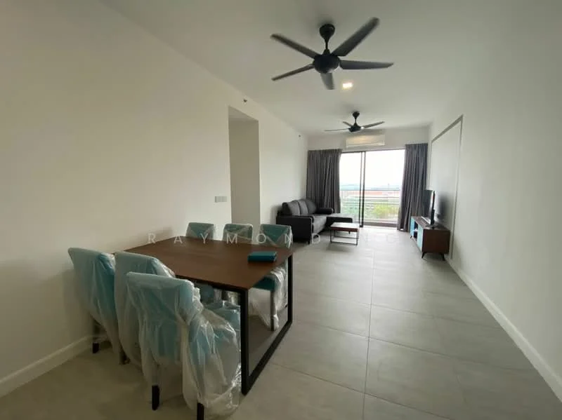 Living features: grey fabric sofa, 4-seater dining table with black frame, blue upholstered dining chairs, floor-to-ceiling windows, light grey tiled flooring, 2-blade ceiling fan, wall-mounted TV, TV console, decorative wall, natural light from windows; style: modern; view: city.
