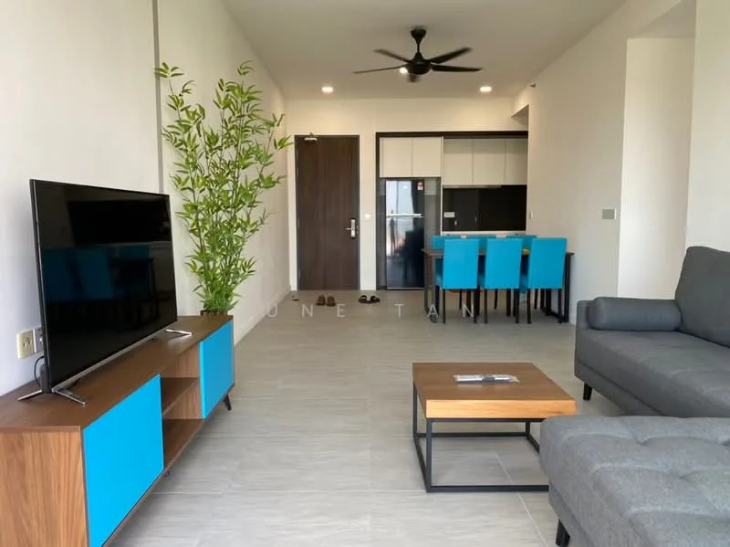 Living features: grey fabric sofa, wood coffee table, TV console with blue accents, wall-mounted TV, 5-blade ceiling fan, large windows, light grey tile flooring, decorative indoor plant; style: modern. Dining features: 4-seater dining table with blue chairs, open kitchen layout, kitchen cabinetry with black and white finish; style: modern.