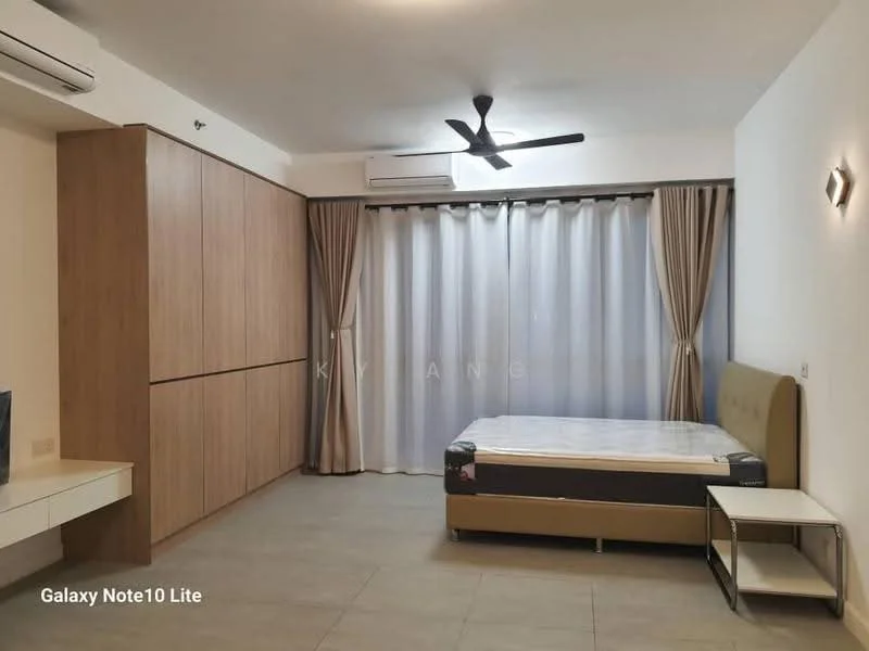 Bedroom features: queen-size bed, upholstered headboard, wooden wardrobe with sliding doors, floor-to-ceiling windows, sheer curtains, 5-blade ceiling fan with light, wall-mounted air conditioning unit, tile flooring, decorative wall sconce, nightstand; style: modern.