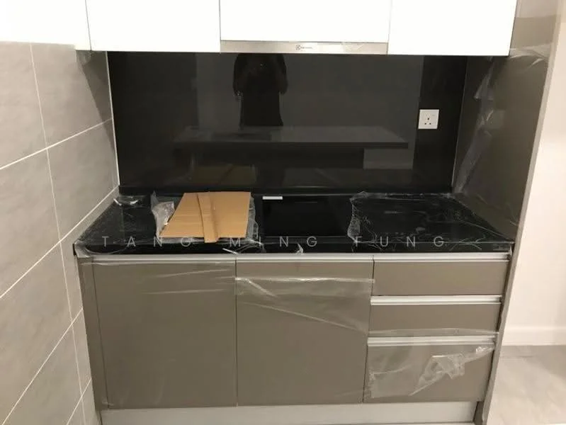 Kitchen features: black backsplash, grey cabinetry, stainless-steel countertop, built-in cooktop, built-in oven, drawer storage, under-cabinet lighting, wall-mounted electrical outlet; style: modern.