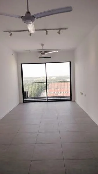 Room features: white painted walls, large floor-to-ceiling windows, sliding glass door, grey tile flooring, 2 ceiling fans, track lighting, balcony view, minimalist decor; style: modern; view: city.