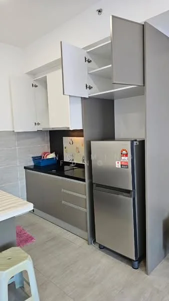 Kitchen features: grey cabinetry, white upper cabinets, black countertop, stainless-steel fridge, built-in oven, ceramic tile flooring, wall-mounted light, open shelving, sink, kitchen utensils, stool, decorative mat; style: modern.