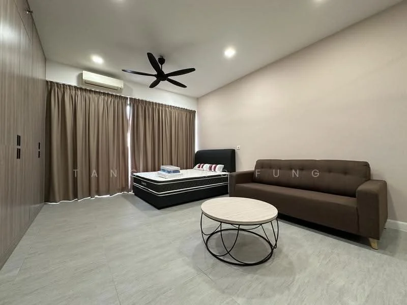 Bedroom features: queen-size bed, upholstered headboard, sofa in brown fabric, round coffee table with metal base, floor-to-ceiling windows, sheer curtains, wall-mounted split AC, light grey tiled flooring, painted walls in light beige, ceiling fan with light; style: modern.
