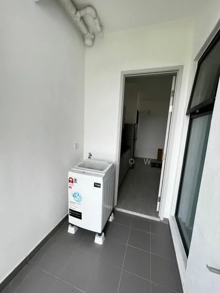 Laundry features: washing machine, grey tile flooring, white painted walls, window, door leading to another room, plumbing pipes visible.