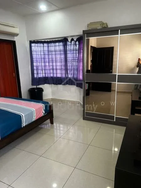Bedroom features: queen-size bed with blue and pink bedding, sliding mirror wardrobe, black bedside table, tile flooring, white painted walls, purple sheer curtains, air conditioning unit, waste bin.
