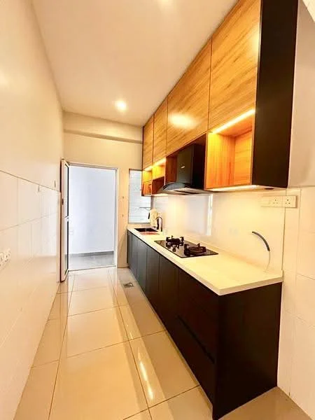 Kitchen features: black cabinetry with wood accents, white countertop, built-in gas stove, stainless-steel range hood, white tiled backsplash, ceramic tile flooring, recessed lighting, single-bowl stainless-steel sink, wall-mounted faucet, open layout, door leading to another room; style: modern.