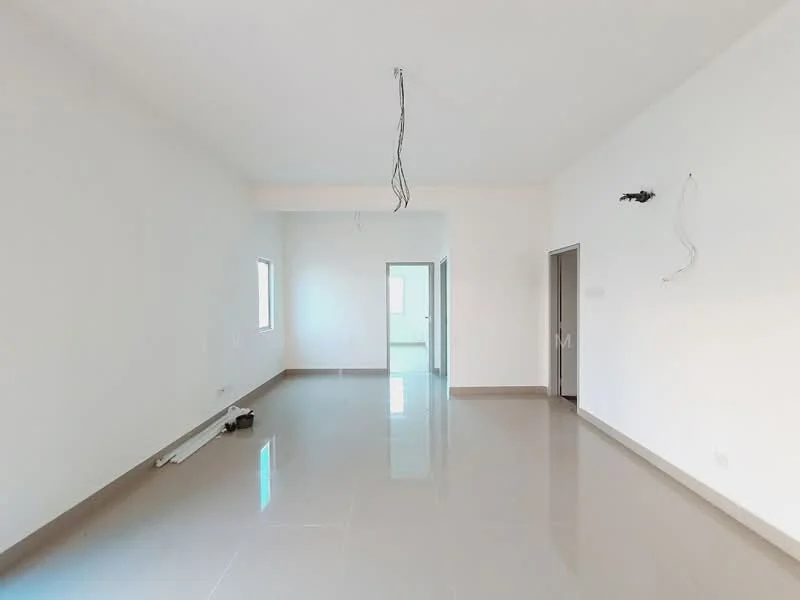 Room features: white painted walls, glossy ceramic tile flooring, two windows, doorway leading to another room, exposed electrical wiring, neutral color scheme, no visible furniture or decor; style: minimalist.