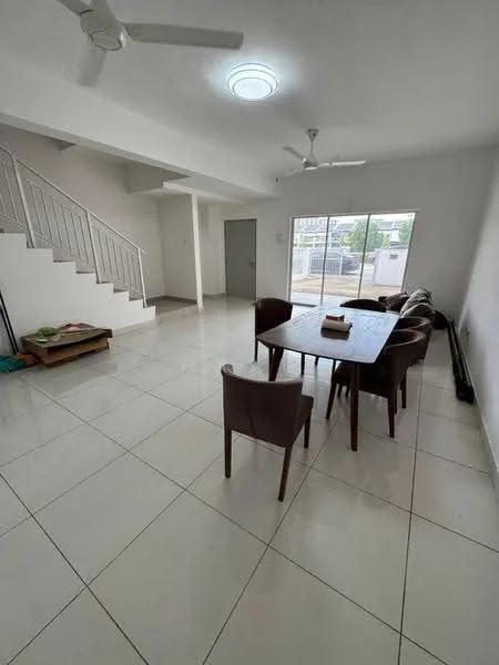 Dining features: white painted walls, glossy tile flooring, 5-blade ceiling fan, recessed ceiling light, dining table with 4 chairs, sliding glass door, window with view, staircase leading to upper floor, air conditioning unit; style: modern; view: city.