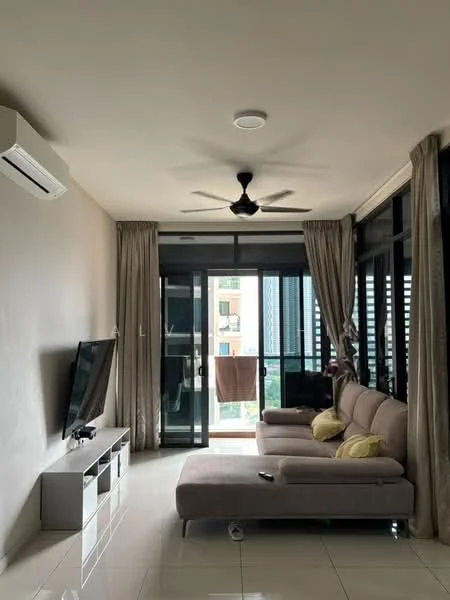 Living features: 3-seater fabric sofa in light grey, coffee table, wall-mounted TV, TV console, floor-to-ceiling windows, sliding glass door, sheer curtains, 5-blade ceiling fan with light, recessed downlights, cream painted walls, glossy tile flooring, balcony view; style: modern; view: city.