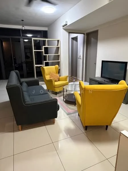 Living features: grey fabric 3-seater sofa, yellow armchair, glass coffee table, TV console, wall-mounted TV, open shelving unit, tile flooring, recessed ceiling lights, ceiling fan, neutral wall color; style: modern.