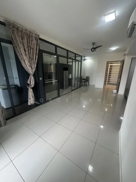 Living features: glossy white tile flooring, floor-to-ceiling windows, sheer curtains, 5-blade ceiling fan with light, recessed LED downlights, neutral painted walls, open layout, dining area visible in background, air conditioning unit on wall; style: modern.