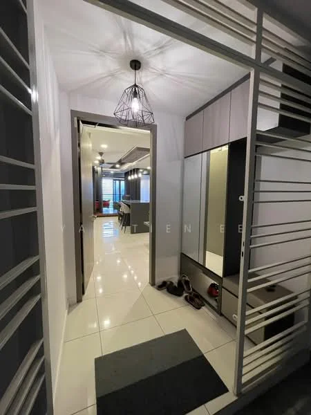 Room features: white painted walls, grey accent wall, polished tile flooring, recessed downlights, hanging pendant light, mirror with frame, built-in cabinetry, shoe rack, door with modern handle, open space leading to another room; style: modern.