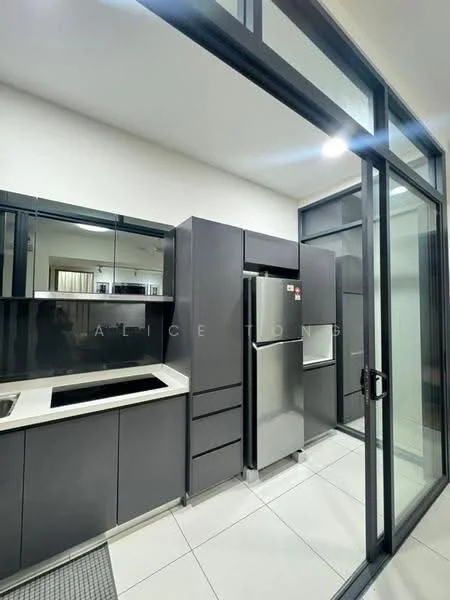 Kitchen features: black cabinetry, white countertop, single-bowl stainless-steel sink, chrome pull-down faucet, built-in refrigerator, built-in oven, ceramic tile flooring, mirror backsplash, recessed downlights, glass sliding door; style: modern.
