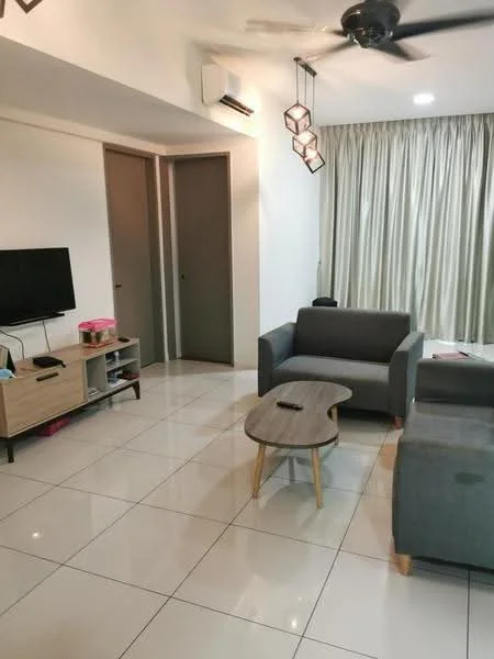 Living features: grey fabric sofa, 2-seater sofa, coffee table with wooden top and legs, TV console with open shelving, wall-mounted TV, floor-to-ceiling windows with sheer curtains, white painted walls, glossy white tile flooring, ceiling fan with light, recessed lighting; style: modern. Room features: 2 doors leading to unknown rooms.