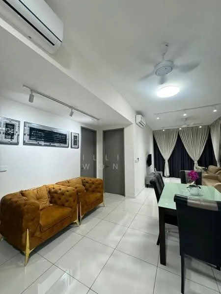 Living features: 3-seater tufted sofa in mustard, white tiled flooring, recessed downlights, ceiling fan, wall-mounted TV, dining table with chairs, framed artwork on walls, floor-to-ceiling curtains, air conditioning unit; style: modern. Room features: white painted walls, grey doors.