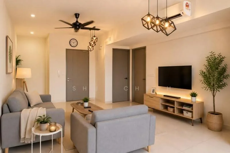 Living features: 2-seater fabric sofa in light grey, 3-seater fabric sofa in light grey, wooden coffee table, wall-mounted TV, TV console with storage, ceiling fan with light, recessed downlights, decorative wall clock, indoor plant in ceramic pot, lampshade floor lamp, light-coloured tiled flooring, neutral painted walls, doorway leading to other rooms; style: modern.
