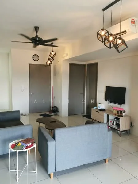 Living features: 2-seater fabric sofa in grey, 3-seater fabric sofa in grey, wooden coffee table, TV console, wall-mounted TV, ceiling fan with light, recessed downlights, white walls, tile flooring, clock on wall, sliding doors, decorative pendant lighting; style: modern.