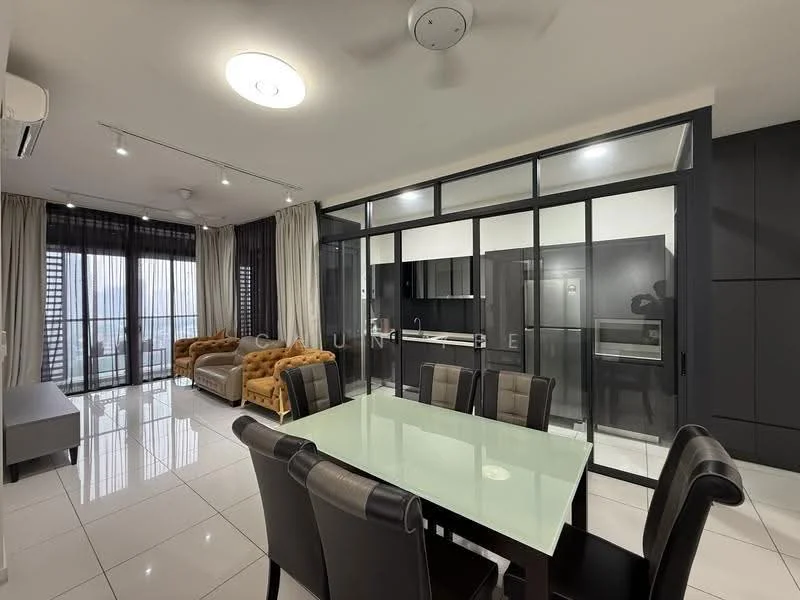 Dining features: 6-seater dining table with glass top, upholstered dining chairs in black, white tiled flooring, recessed downlights, ceiling fan, large windows with sheer curtains, open layout to living area, wall-mounted air conditioning unit; style: modern; view: city. Living features: 2-seater fabric sofa in beige, 3-seater fabric sofa in brown, coffee table, large windows with city view, white tiled flooring, recessed downlights, wall-mounted air conditioning unit; style: modern; view: city. Kitchen features: black cabinetry, stainless-steel fridge, built-in oven, freestanding range oven, black countertop, open layout to dining area, recessed downlights; style: modern.