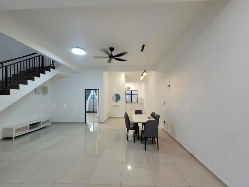 Living features: white painted walls, polished ceramic tile flooring, 5-blade ceiling fan with light, dining table with 6 chairs, large windows for natural light, open layout, recessed lighting, staircase leading to upper floor, wall-mounted mirror; style: modern.
