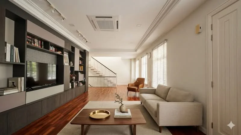 Living features: wood flooring, white painted walls, recessed downlights, wall-mounted TV, built-in shelving unit with books, coffee table, beige fabric sofa, single armchair in brown, large windows with blinds, air conditioning unit, decorative bowl on coffee table; style: modern.