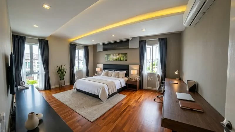 Bedroom features: king-size bed with white bedding, upholstered headboard, 2 bedside lamps, wooden flooring, large windows with sheer curtains, wall-mounted TV, study desk with chair, decorative plant in corner, area rug with neutral color, recessed ceiling lights, air conditioning unit; style: modern; view: garden.
