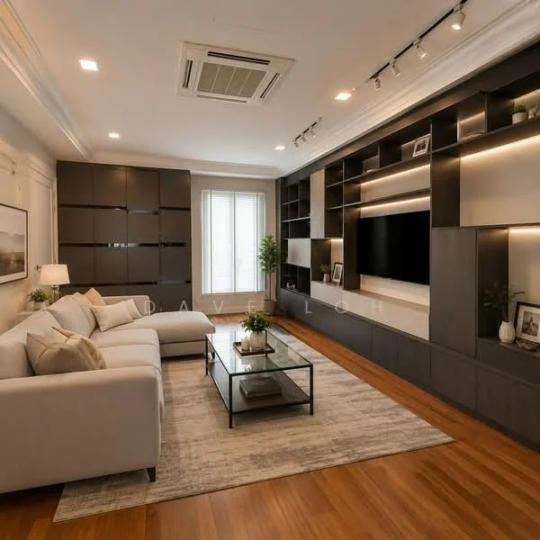 Living features: 3-seater fabric sofa in white, coffee table with glass top, area rug with geometric pattern, wall-mounted TV, built-in shelving unit with dark wood finish, recessed LED downlights, floor-to-ceiling windows with sheer curtains, wooden flooring, decorative plants in ceramic pots, framed artwork on walls, crown moulding on ceiling, 1 wall-mounted split AC; style: modern.