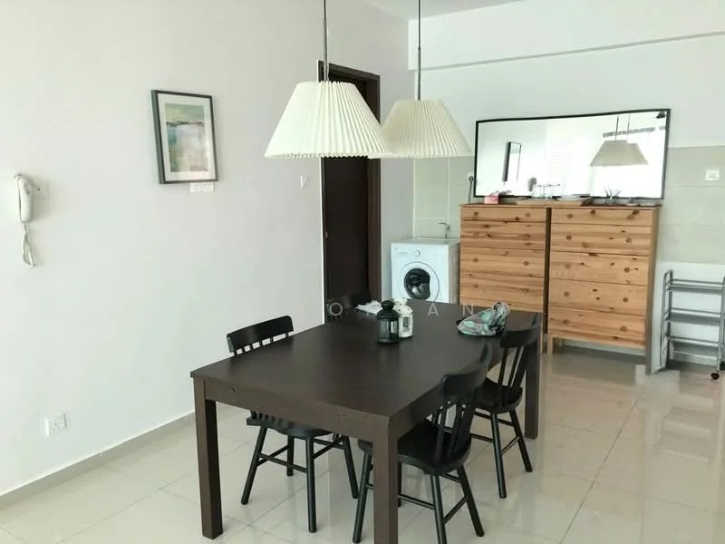 Dining features: black dining table, 4 black dining chairs, 2 pendant lamps with white shades, mirror on wall, wooden dresser with multiple drawers, white walls, glossy tile flooring, washing machine in corner; style: modern.