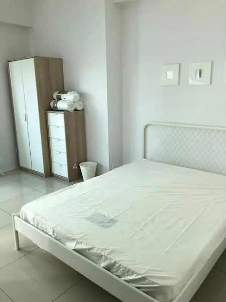 Bedroom features: queen-size bed with white mattress, white upholstered bed frame, light grey walls, glossy white tile flooring, built-in wardrobe with wood finish, white dresser with multiple drawers, decorative wall art frames, floor lamp, window with natural light; style: modern.
