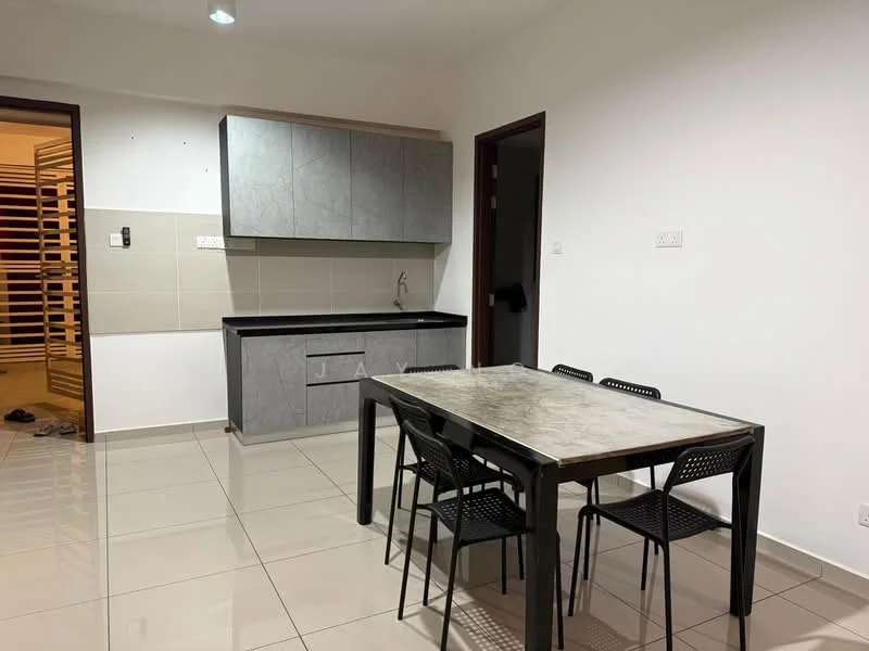 Dining features: rectangular dining table with marble top, 4 black plastic dining chairs, grey cabinetry with upper storage, black countertop, single-bowl stainless-steel sink, chrome pull-down faucet, white tiled walls, cream tiled flooring, recessed ceiling lights; style: modern.